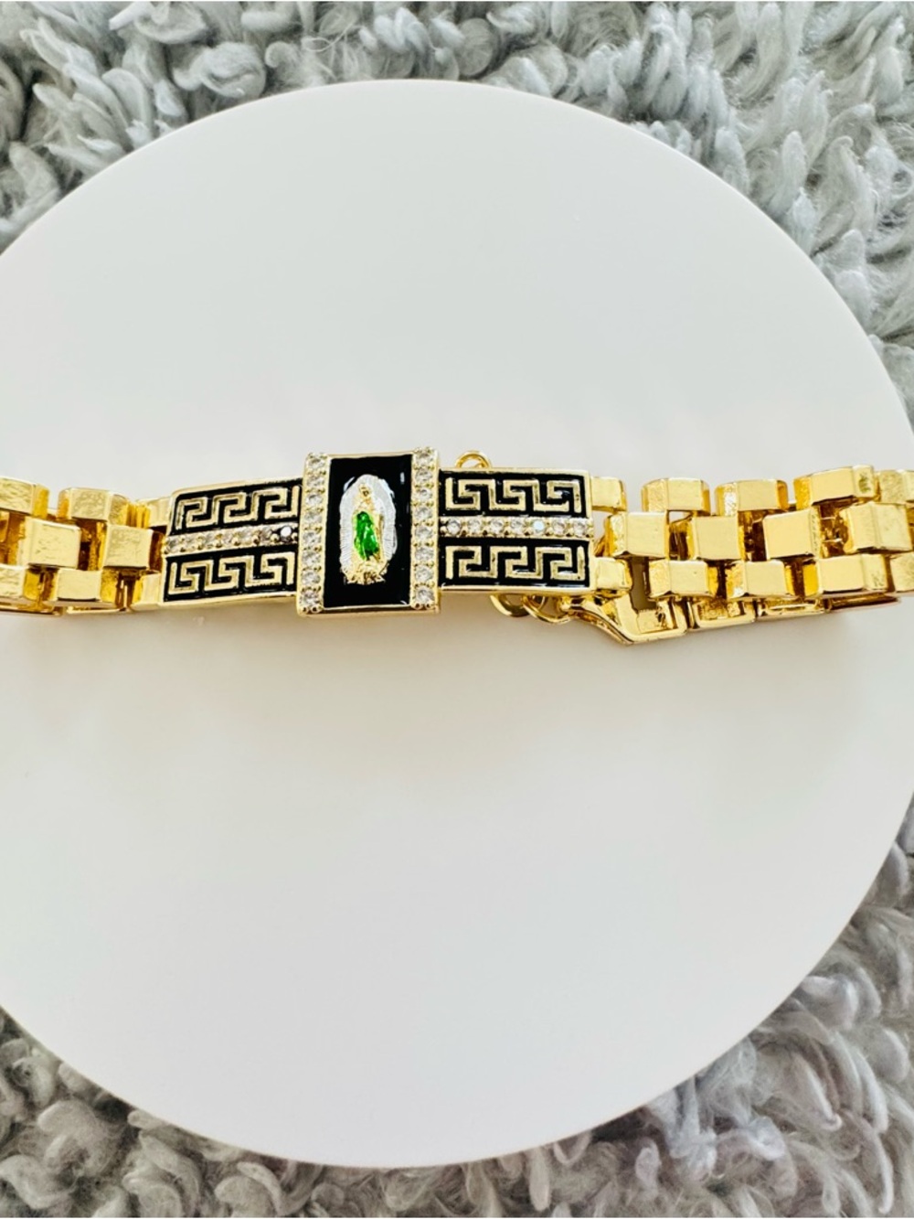 14K Gold Plated Black Enamel with Our Lady Guadalupe figure men’s bracelet. New